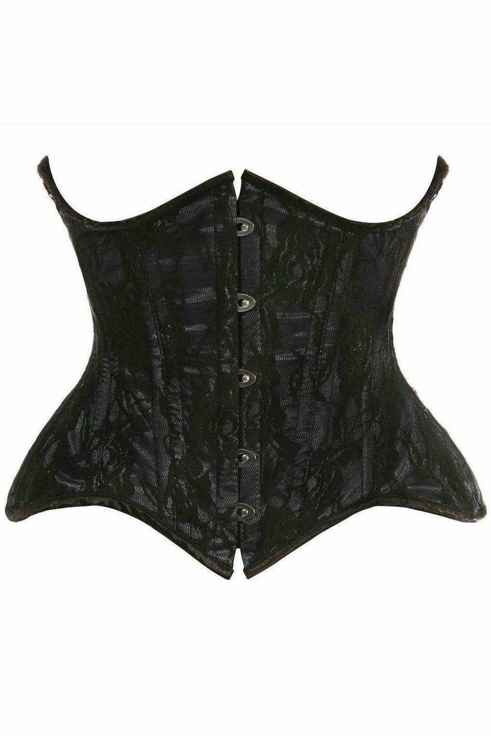 Top Drawer Black w/Black Lace Double Steel Boned Curvy Cut Waist Cincher Corset - Daisy Corsets - Flyclothing LLC