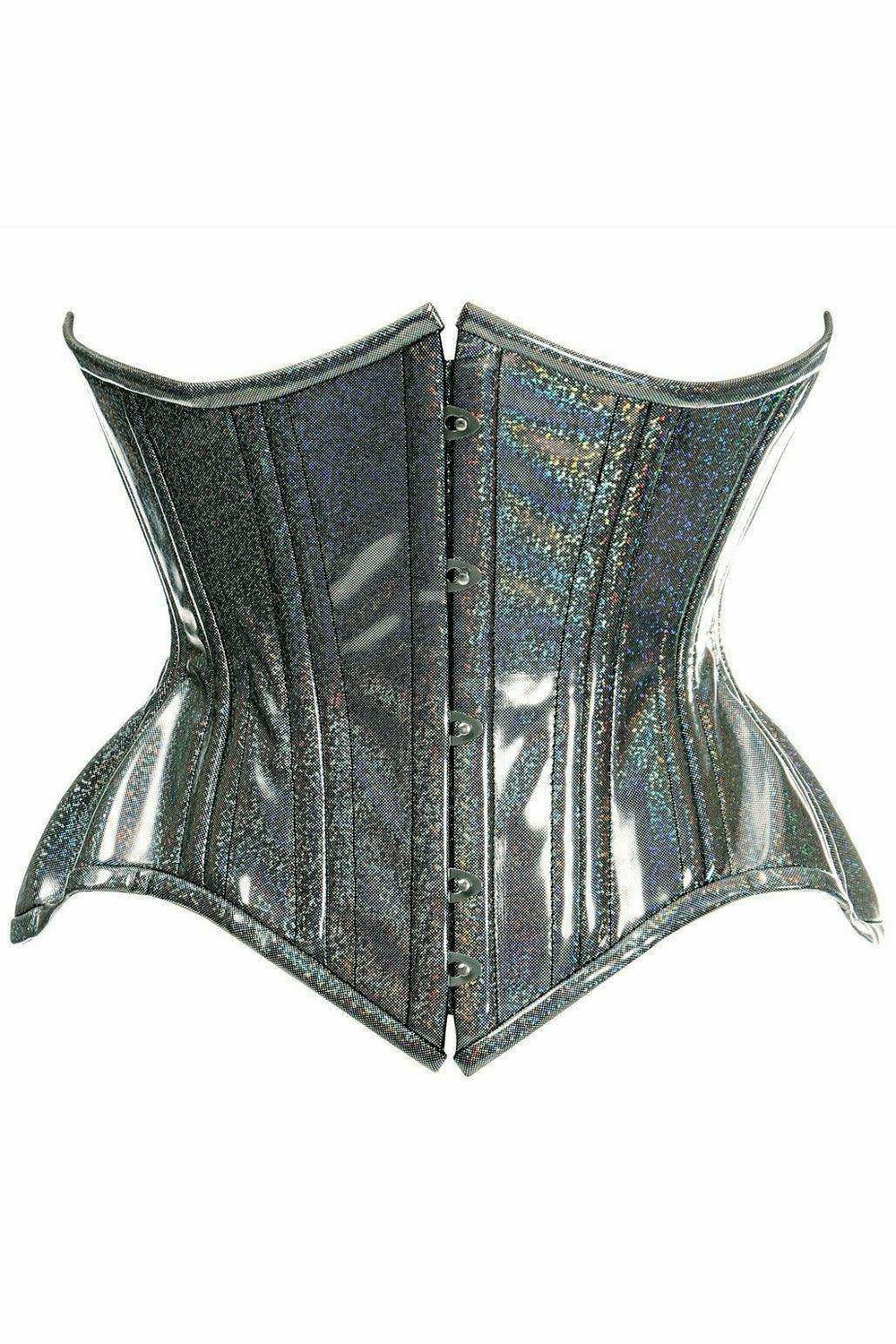 Top Drawer Black Rainbow Glitter Holo Double Steel Boned Curvy Cut Waist Cincher Corset - Daisy Corsets - Flyclothing LLC