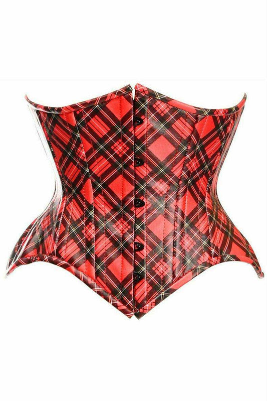 Daisy Corsets Top Drawer Red Plaid Faux Leather Double Steel Boned Curvy Cut Waist Cincher Corset - Daisy Corsets - Flyclothing LLC