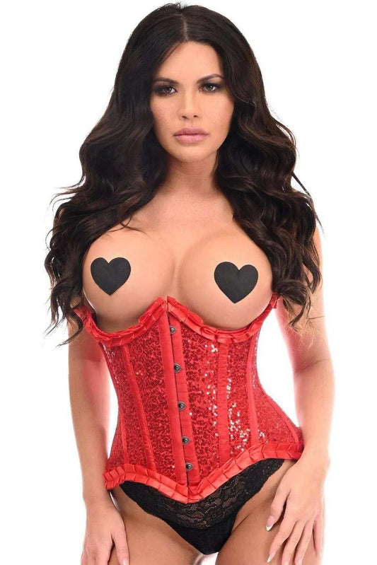 Daisy Corsets Top Drawer Red Satin & Sequin Underwire Curvy Cut Steel Boned Waist Cincher Corset - Daisy Corsets - Flyclothing LLC