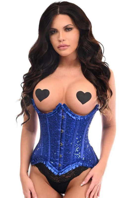 Daisy Corsets Top Drawer Blue Satin & Sequin Underwire Curvy Cut Steel Boned Waist Cincher Corset - Daisy Corsets - Flyclothing LLC
