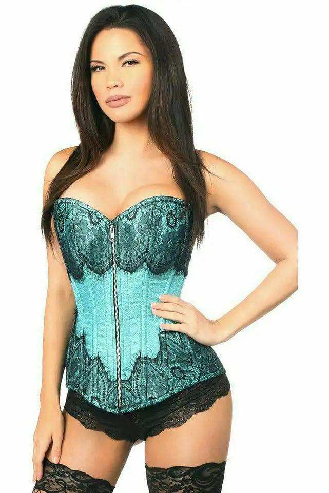 Daisy Corsets Top Drawer Teal Brocade Steel Boned Corset w/Black Eyelash Lace - Daisy Corsets - Flyclothing LLC