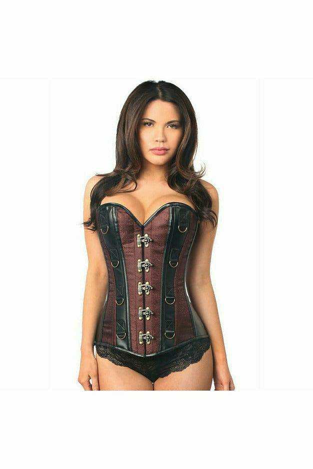 Daisy Corsets Top Drawer Brown Brocade & Faux Leather Steel Boned Corset - Daisy Corsets - Flyclothing LLC
