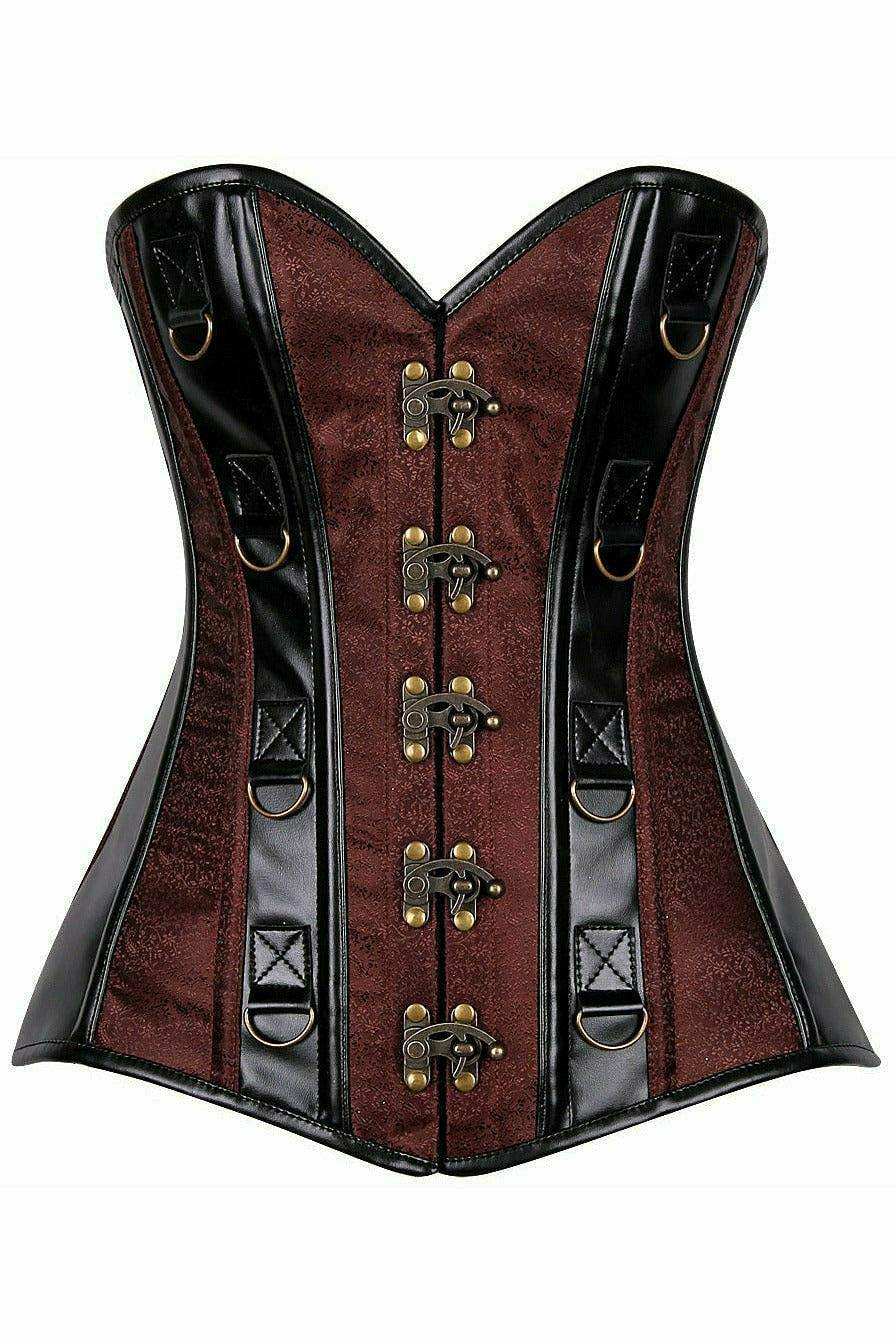 Daisy Corsets Top Drawer Brown Brocade & Faux Leather Steel Boned Corset - Daisy Corsets - Flyclothing LLC