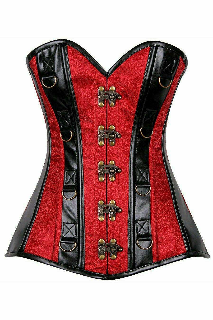 Daisy Corsets Top Drawer Wine Brocade & Faux Leather Steel Boned Corset - Daisy Corsets - Flyclothing LLC