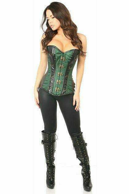 Daisy Corsets Top Drawer Dark Green Brocade & Faux Leather Steel Boned Corset - Daisy Corsets - Flyclothing LLC