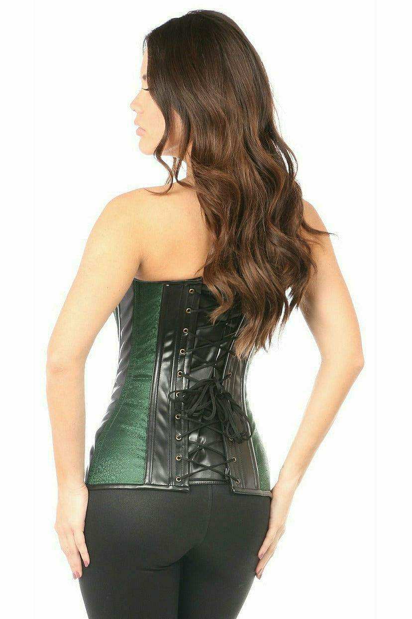 Daisy Corsets Top Drawer Dark Green Brocade & Faux Leather Steel Boned Corset - Daisy Corsets - Flyclothing LLC