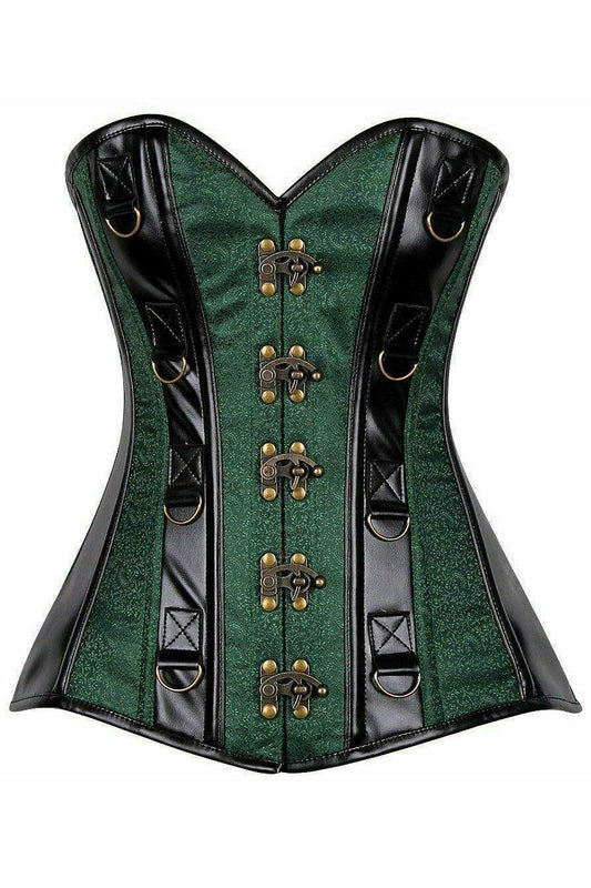Daisy Corsets Top Drawer Dark Green Brocade & Faux Leather Steel Boned Corset - Daisy Corsets - Flyclothing LLC