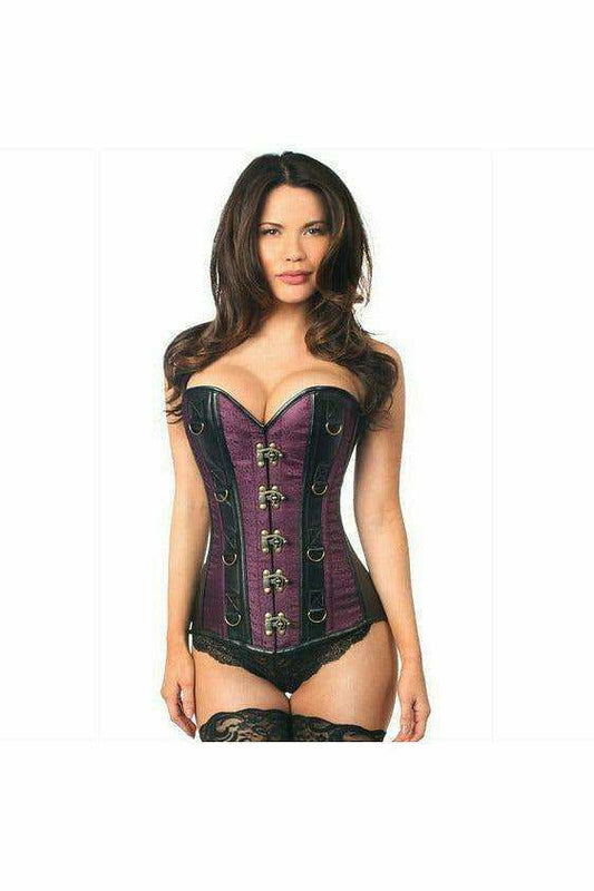 Daisy Corsets Top Drawer Plum Brocade & Faux Leather Steel Boned Corset - Daisy Corsets - Flyclothing LLC