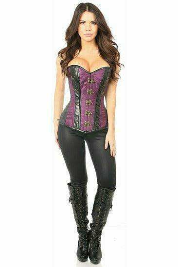 Daisy Corsets Top Drawer Plum Brocade & Faux Leather Steel Boned Corset - Daisy Corsets - Flyclothing LLC