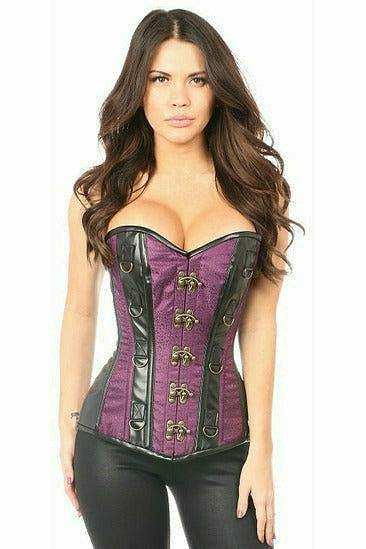 Daisy Corsets Top Drawer Plum Brocade & Faux Leather Steel Boned Corset - Daisy Corsets - Flyclothing LLC