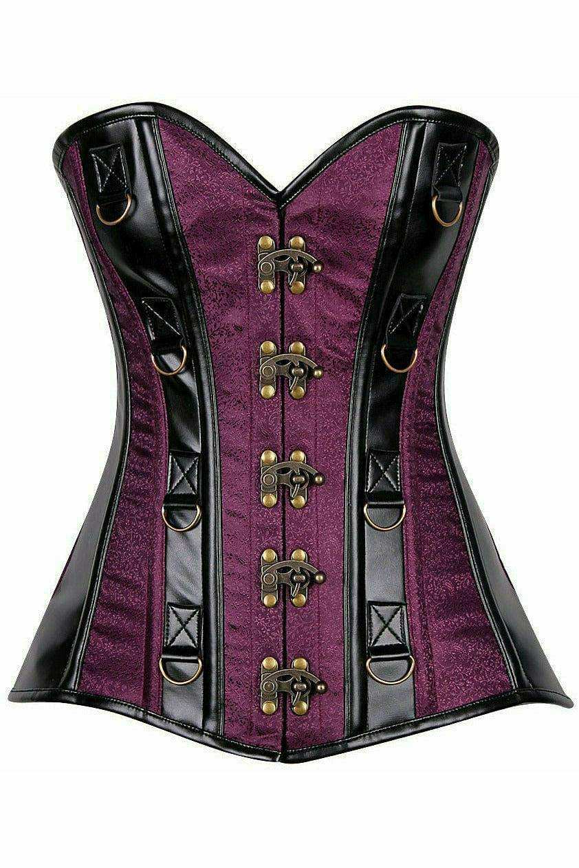 Daisy Corsets Top Drawer Plum Brocade & Faux Leather Steel Boned Corset - Daisy Corsets - Flyclothing LLC