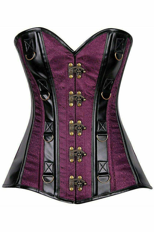 Daisy Corsets Top Drawer Plum Brocade & Faux Leather Steel Boned Corset - Daisy Corsets - Flyclothing LLC