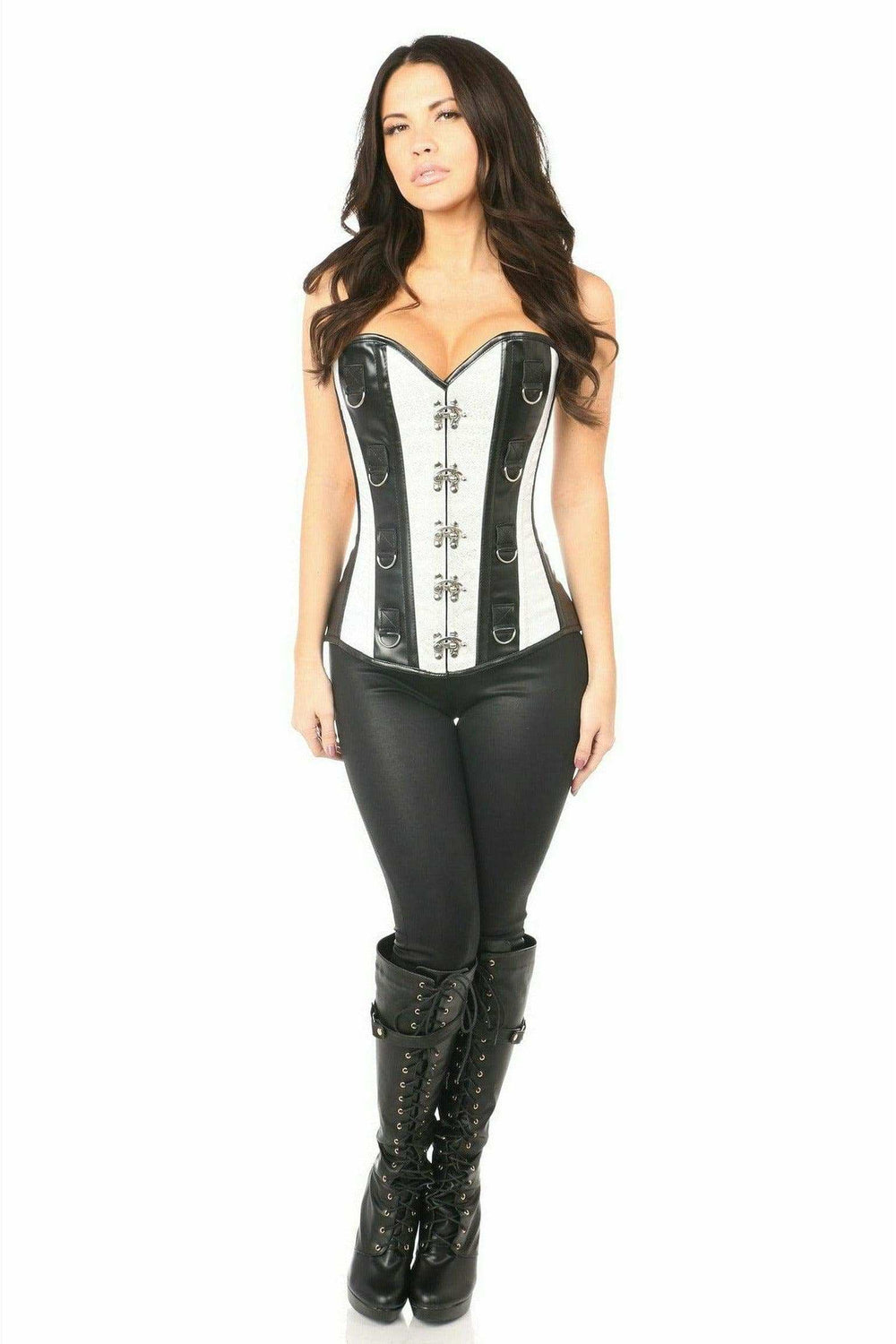 Daisy Corsets Top Drawer White Brocade & Faux Leather Steel Boned Corset - Daisy Corsets - Flyclothing LLC