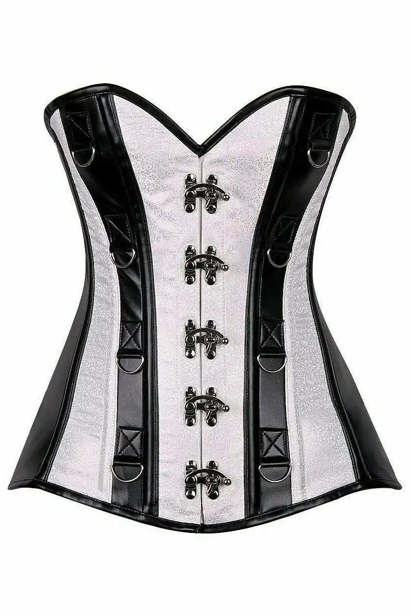 Daisy Corsets Top Drawer White Brocade & Faux Leather Steel Boned Corset - Daisy Corsets - Flyclothing LLC