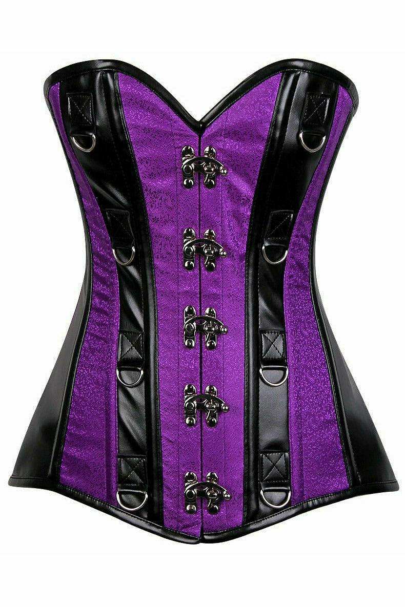 Daisy Corsets Top Drawer Purple Brocade & Faux Leather Steel Boned Corset - Daisy Corsets - Flyclothing LLC