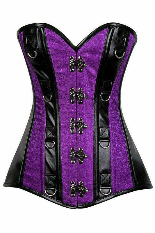 Daisy Corsets Top Drawer Purple Brocade & Faux Leather Steel Boned Corset - Daisy Corsets - Flyclothing LLC