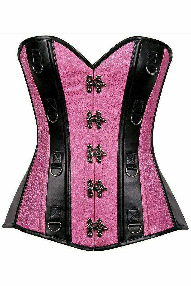 Daisy Corsets Top Drawer Pink Brocade & Faux Leather Steel Boned Corset - Daisy Corsets - Flyclothing LLC