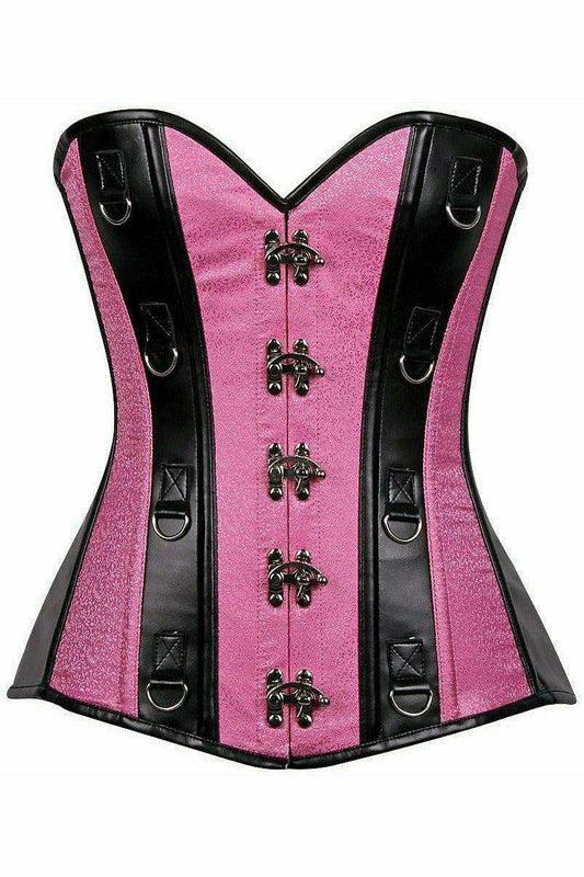 Daisy Corsets Top Drawer Pink Brocade & Faux Leather Steel Boned Corset - Daisy Corsets - Flyclothing LLC