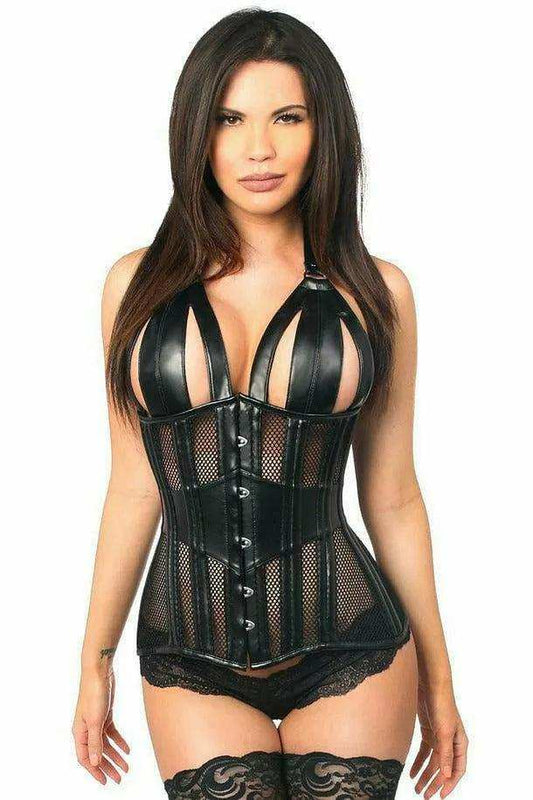 Daisy Corsets Top Drawer Faux Leather & Fishnet Steel Boned Halter Top Corset - Daisy Corsets - Flyclothing LLC