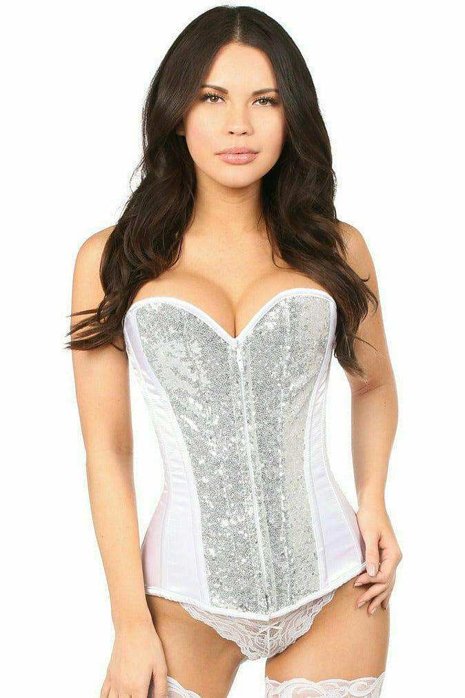 Daisy Corsets Top Drawer White/Silver Sequin Steel Boned Corset - Daisy Corsets - Flyclothing LLC