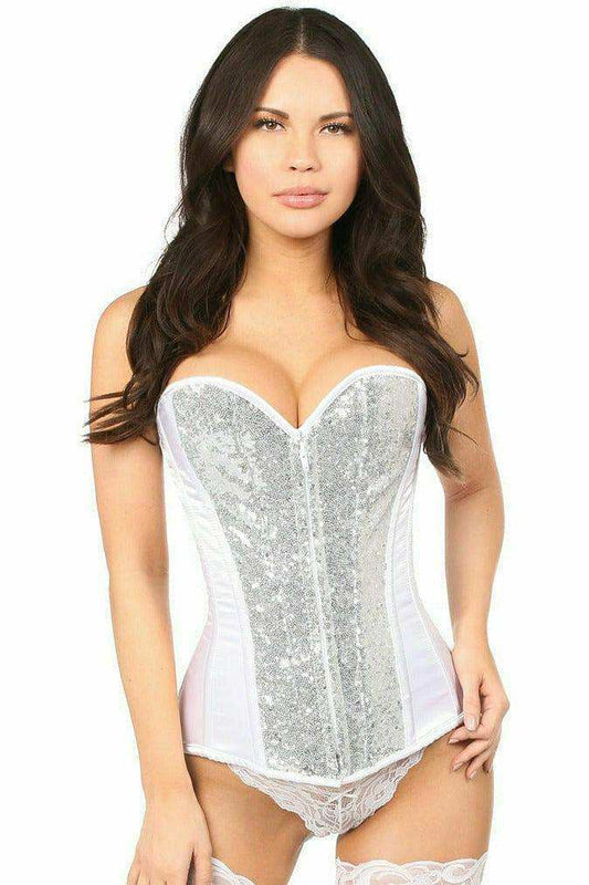Daisy Corsets Top Drawer White/Silver Sequin Steel Boned Corset - Daisy Corsets - Flyclothing LLC