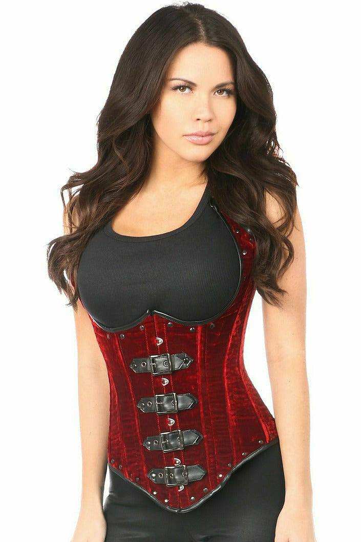 Daisy Corsets Top Drawer Steel Boned Red Velvet Underbust Corset w/Buckling - Daisy Corsets - Flyclothing LLC
