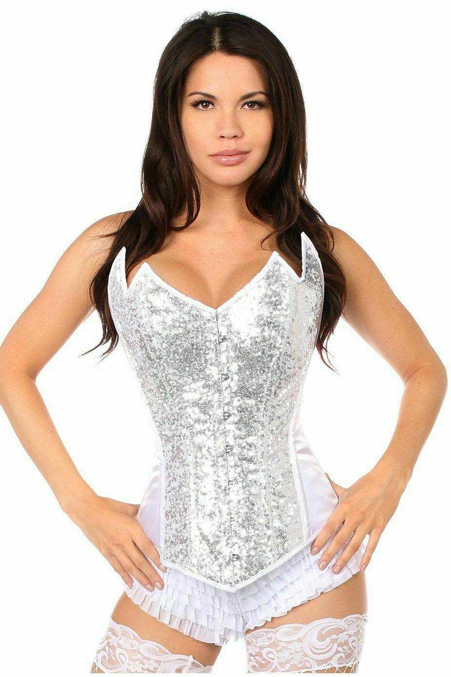 Daisy Corsets Top Drawer White/Silver Sequin Pointed Top Steel Boned Corset - Daisy Corsets - Flyclothing LLC