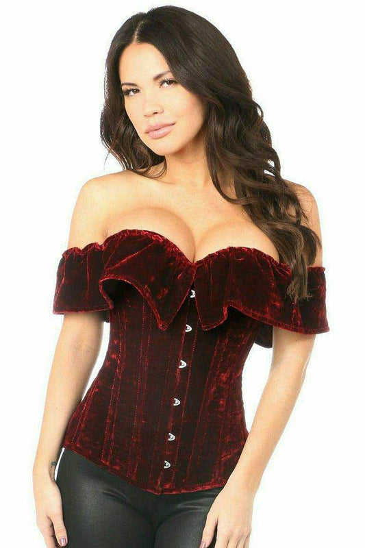 Daisy Corsets Top Drawer Dark Red Velvet Off-The-Shoulder Steel Boned Corset - Daisy Corsets - Flyclothing LLC