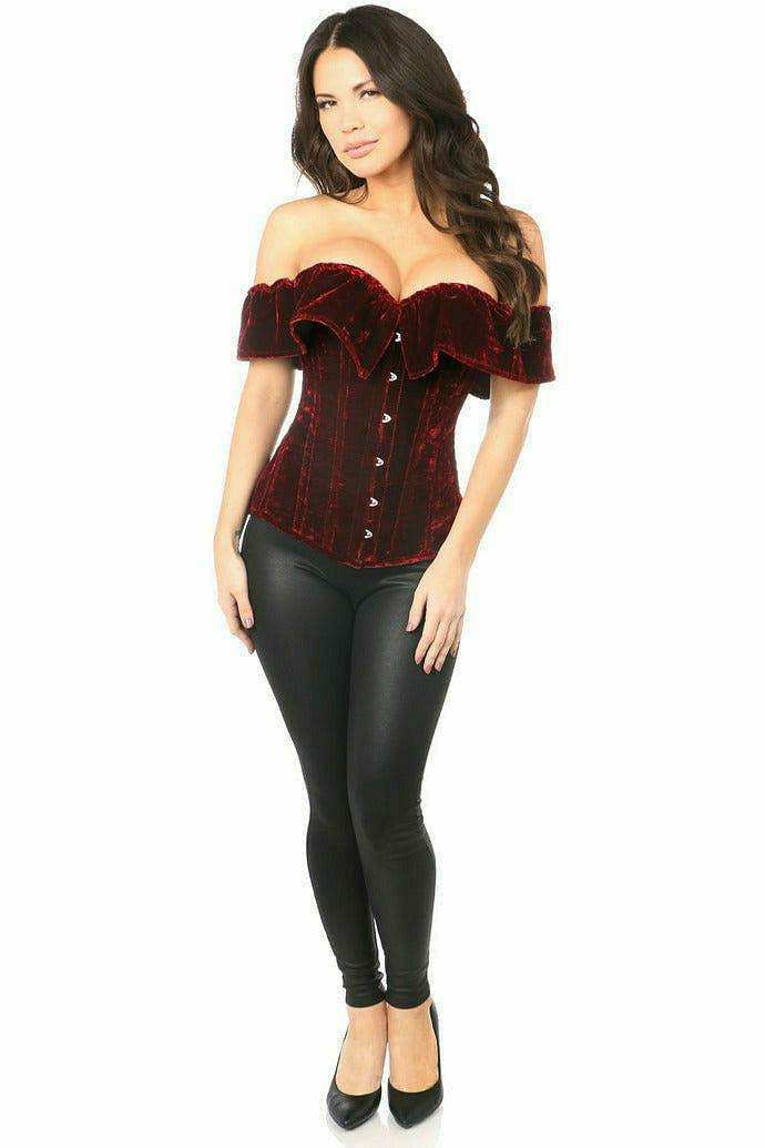 Daisy Corsets Top Drawer Dark Red Velvet Off-The-Shoulder Steel Boned Corset - Daisy Corsets - Flyclothing LLC