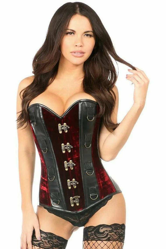 Daisy Corsets Top Drawer Red Velvet & Faux Leather Steel Boned Corset - Daisy Corsets - Flyclothing LLC