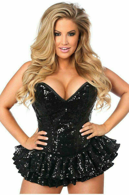 Daisy Corsets Top Drawer Black Sequin Steel Boned Mini Corset Dress - Daisy Corsets - Flyclothing LLC