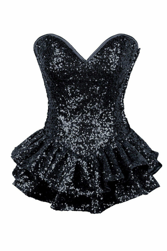 Daisy Corsets Top Drawer Black Sequin Steel Boned Mini Corset Dress - Daisy Corsets - Flyclothing LLC
