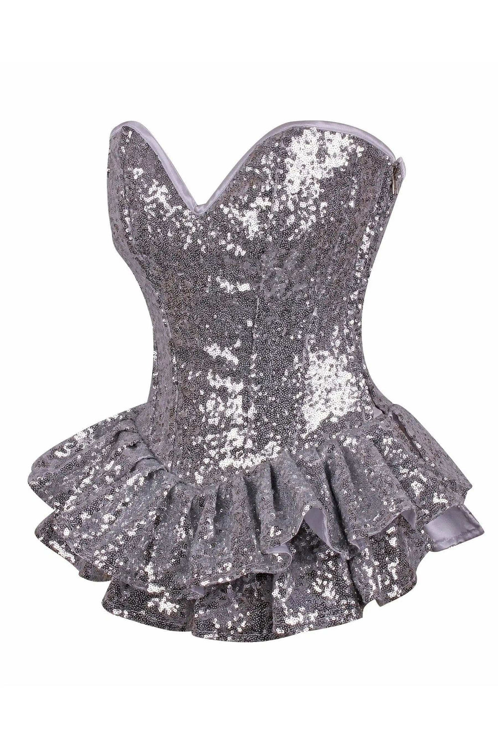 Daisy Corsets Top Drawer Silver Sequin Steel Boned Mini Corset Dress - Daisy Corsets - Flyclothing LLC