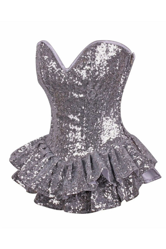 Daisy Corsets Top Drawer Silver Sequin Steel Boned Mini Corset Dress - Daisy Corsets - Flyclothing LLC