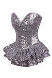 Daisy Corsets Top Drawer Silver Sequin Steel Boned Mini Corset Dress - Daisy Corsets - Flyclothing LLC