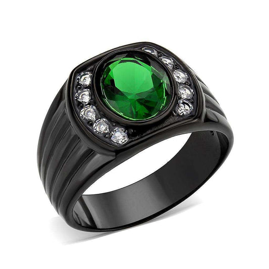 Alamode IP Black (Ion Plating) Stainless Steel Ring with Synthetic in Emerald - Alamode - Flyclothing LLC