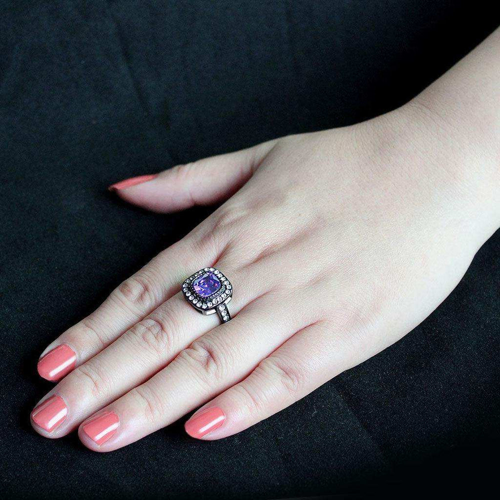 Alamode IP Black (Ion Plating) Stainless Steel Ring with AAA Grade CZ in Amethyst - Alamode - Flyclothing LLC
