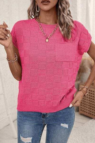 Pocketed Checkered Round Neck Knit Top - Trendsi - Flyclothing LLC