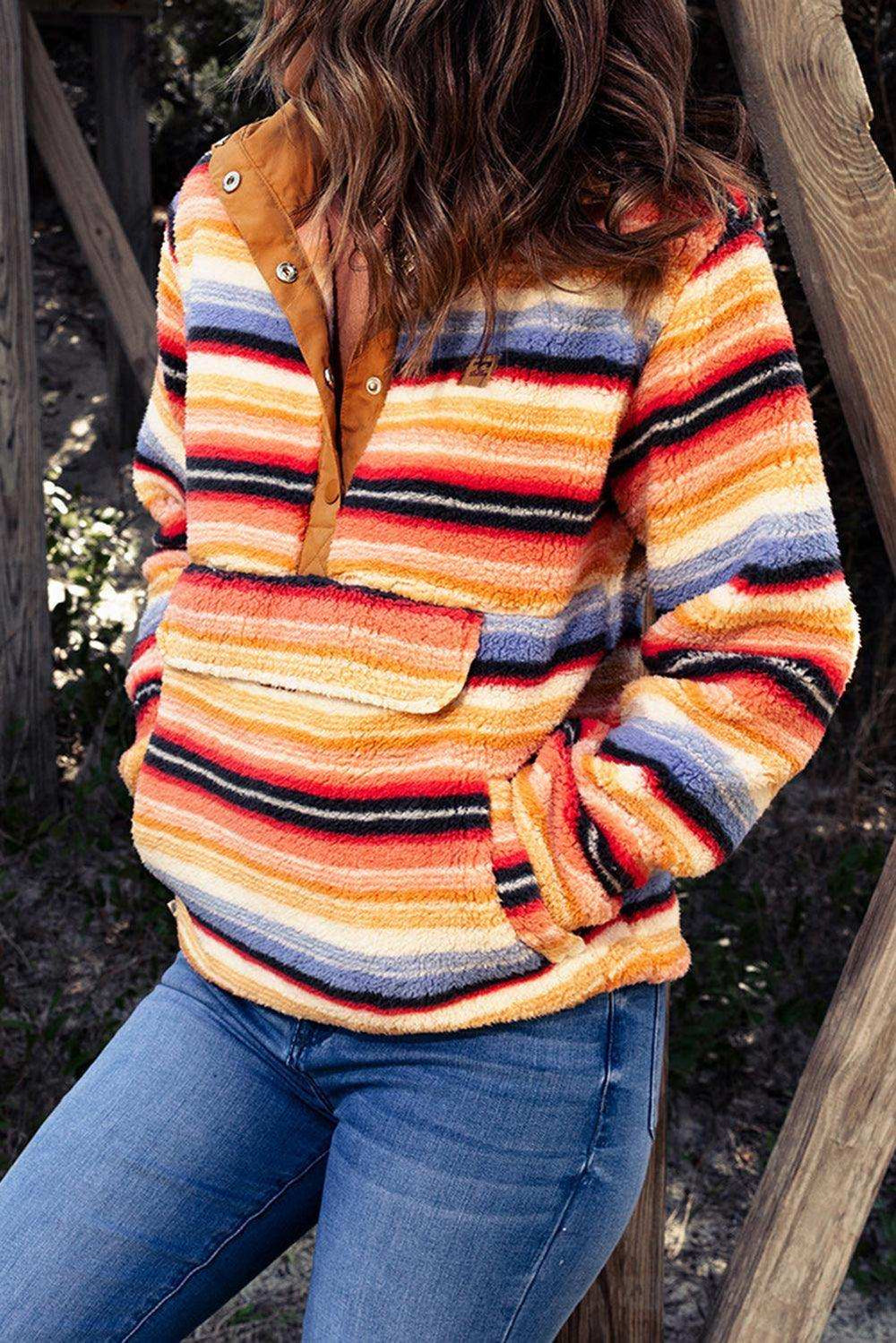 Multicolored Stripe Quarter Snap Fleece Sweatshirt - Trendsi - Flyclothing LLC