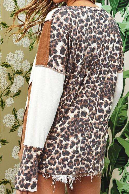 Leopard V-Neck Dropped Shoulder Blouse - Trendsi - Flyclothing LLC