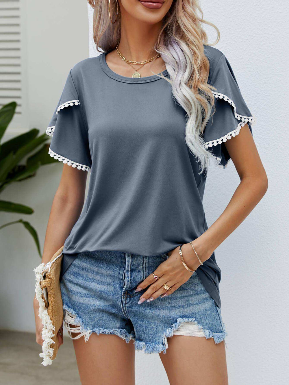 Pom-Pom Trim Flutter Sleeve Round Neck Tee - Trendsi - Flyclothing LLC