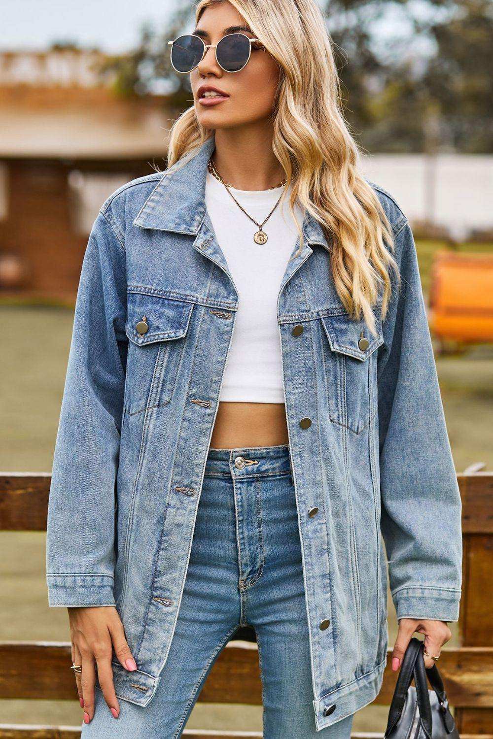 Buttoned Collared Neck Denim Jacket with Pockets - Trendsi - Flyclothing LLC