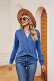 Buttoned Notched Neck Long Sleeve Top - Trendsi - Flyclothing LLC