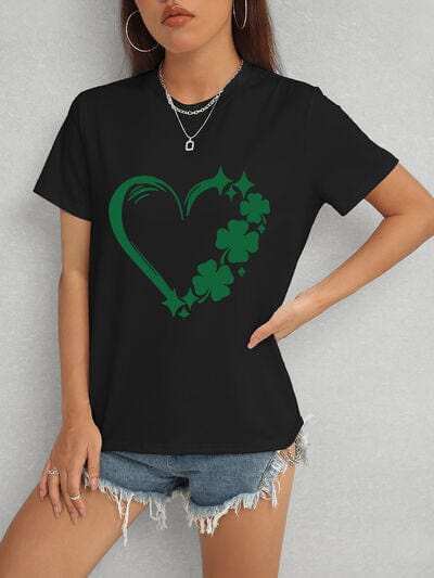 Heart Lucky Clover Round Neck Short Sleeve T-Shirt - Trendsi - Flyclothing LLC