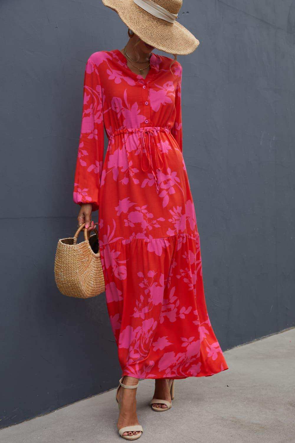 Floral Drawstring Waist Long Sleeve Dress - Trendsi - Flyclothing LLC