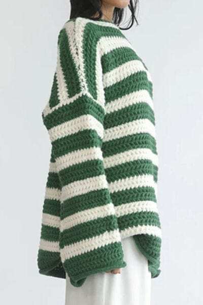 Striped Round Neck Dropped Shoulder Sweater - Trendsi - Flyclothing LLC