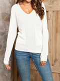 V-Neck Long Sleeve Knit Top with Pocket - Trendsi - Flyclothing LLC