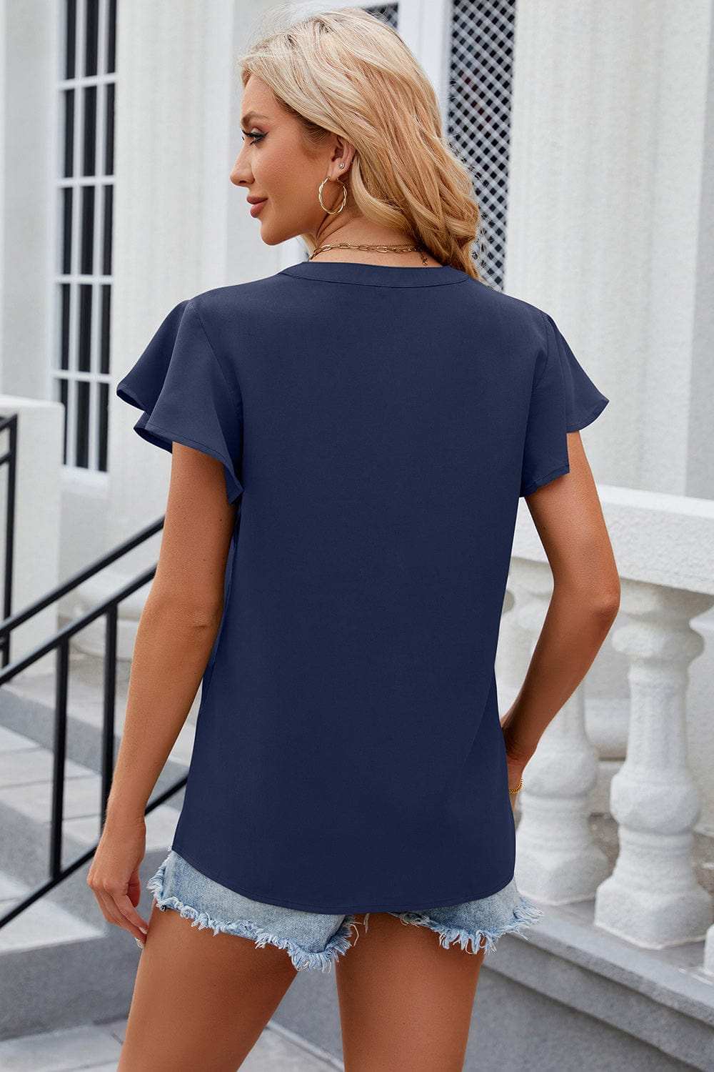 Notched Cap Sleeve T-Shirt - Trendsi - Flyclothing LLC