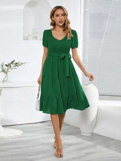 Smocked Tie Front Short Sleeve Tiered Dress - Trendsi - Flyclothing LLC